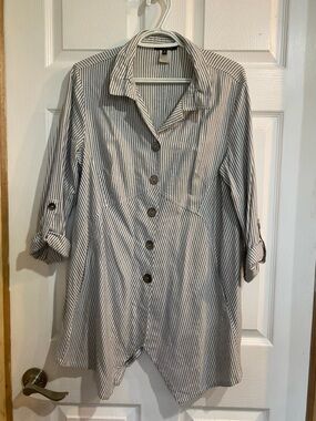 John Mark Striped Button-Front Tunic Shirt - Gray & White